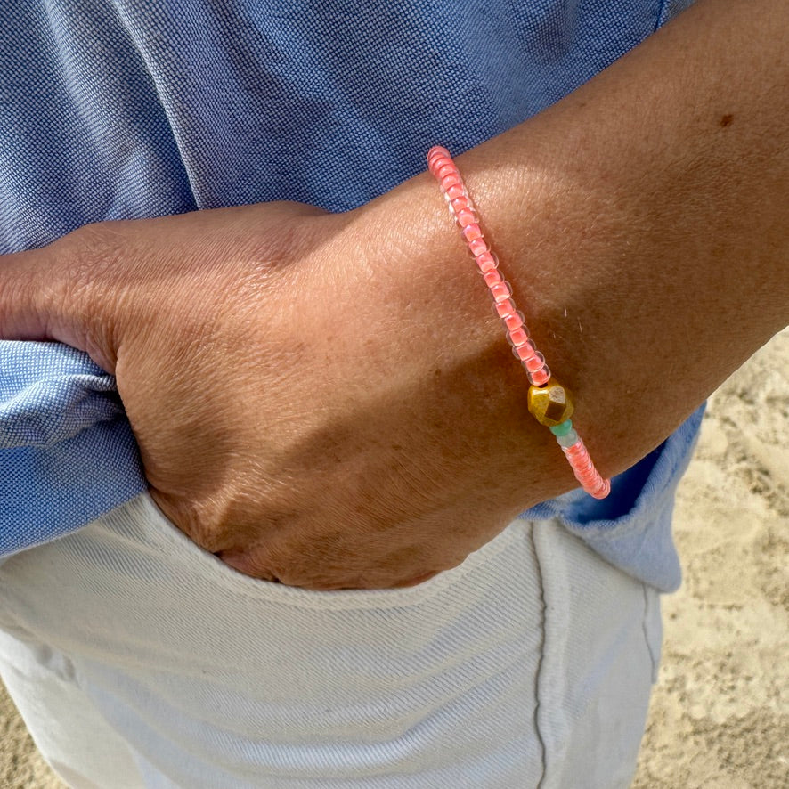 Handmade amazonite bracelet by elsket Brisbane with coral and glass beads