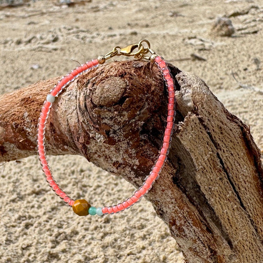 Handmade bohemian beaded necklace by elsket Brisbane on drift wood