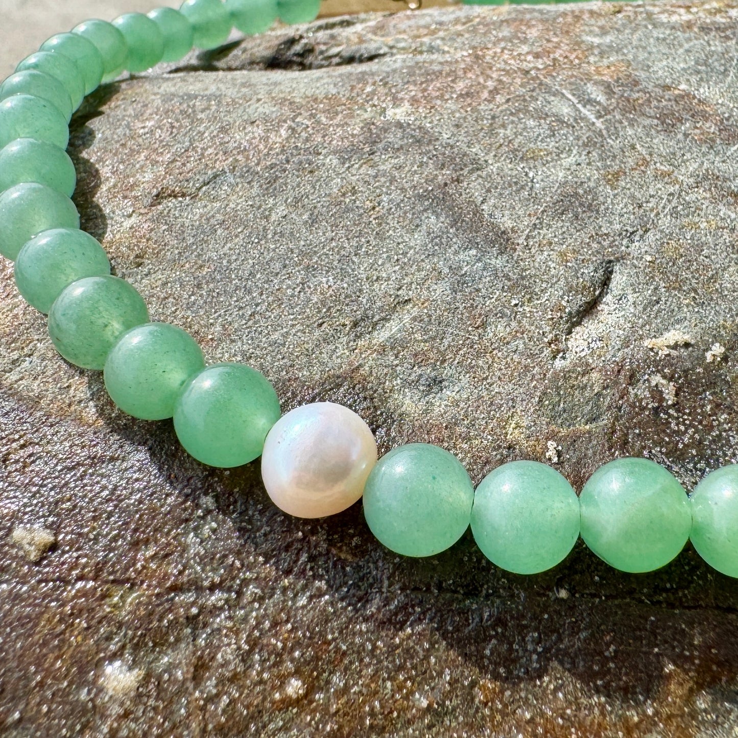 Aventurine and pearl necklace on natural stone, handmade by elsket Brisbane
