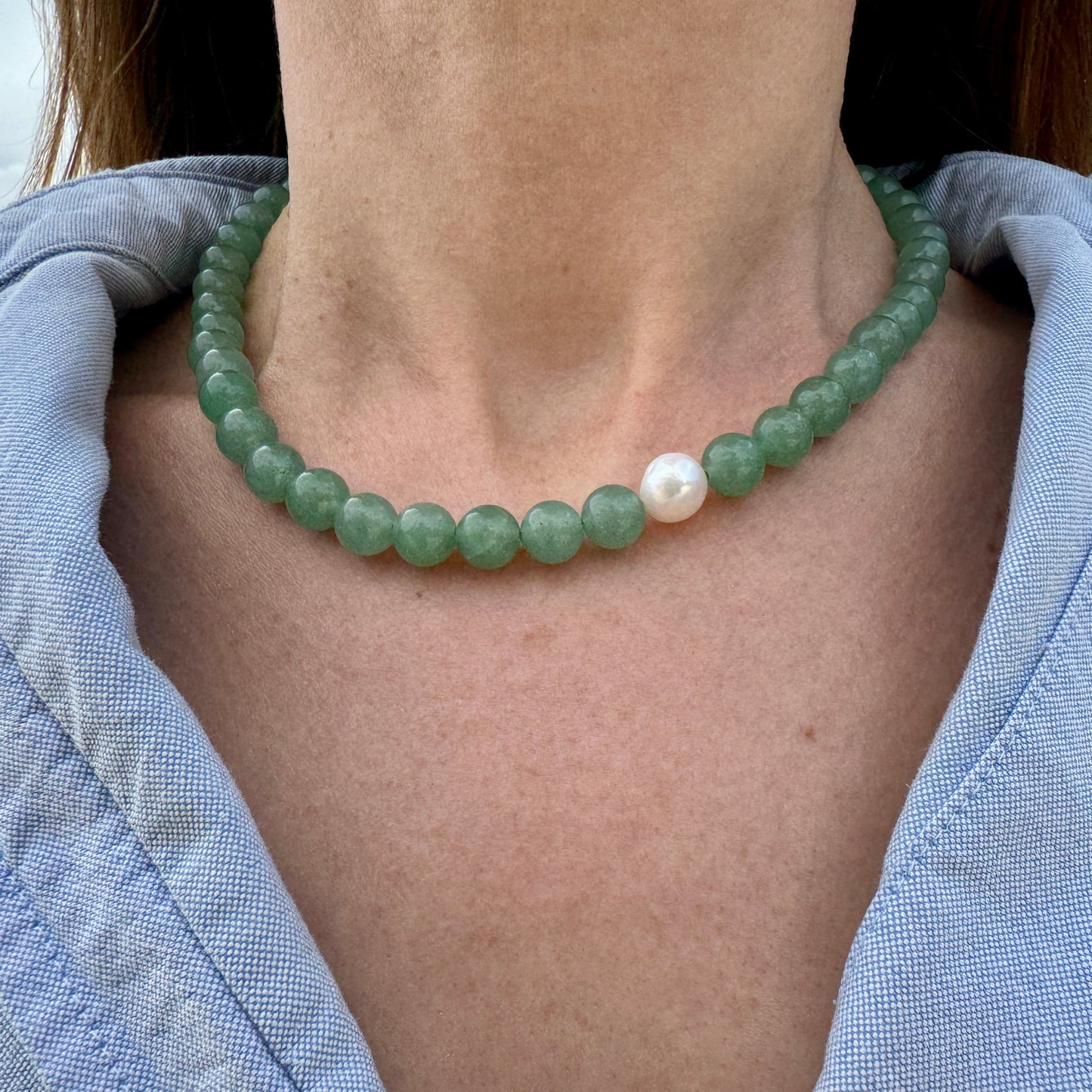 Aventurine necklace worn at the collarbone, handmade by elsket
